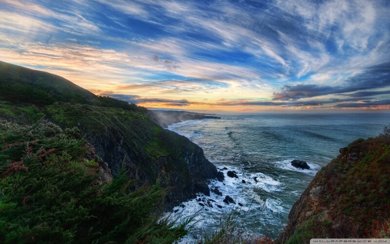 Coastal Cliffs at Sunset — Blue, Dramatic, Photograph, Ocean, Sky