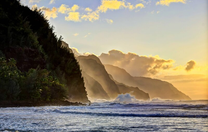 Coastal Cliffs at Sunset — Blue, Dramatic, Photograph, Ocean, Waves