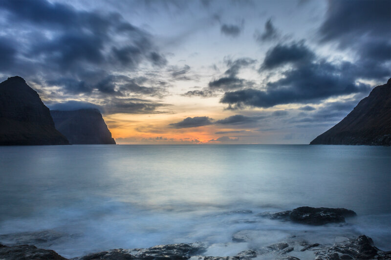 Coastal Cliffs at Sunset — Blue, Dramatic, Photograph, Sea