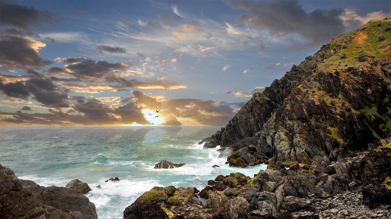 Coastal Cliffs at Sunset — Blue, Dramatic, Photograph