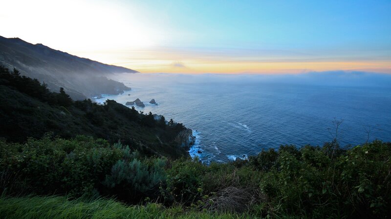 Coastal Cliffs at Sunset — Blue, Serene, Photograph, Ocean, Mountains