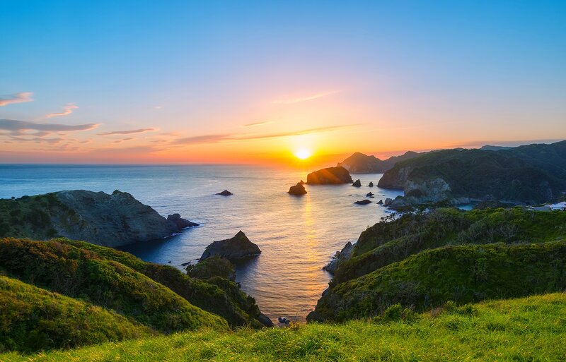 Coastal Cliffs at Sunset — Blue, Serene, Photograph, Ocean