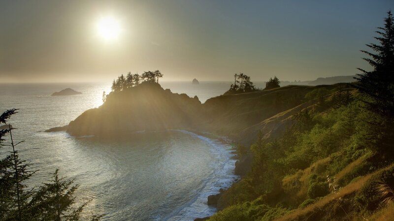 Coastal Cliffs at Sunset — Blue, Serene, Photograph, Ocean, Trees