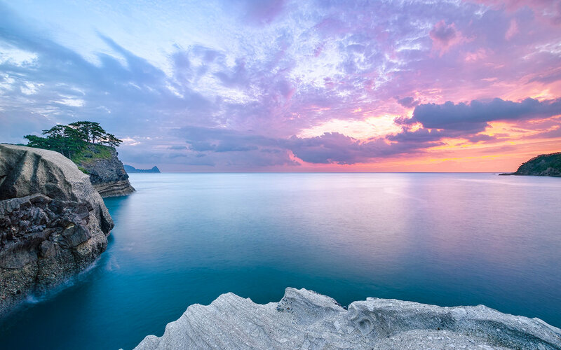 Coastal Cliffs at Sunset — Blue, Serene, Photograph, Sea