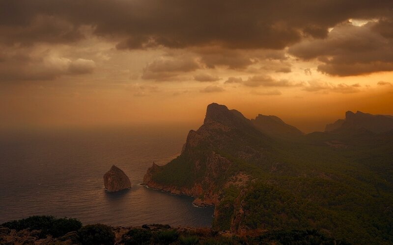 Coastal Cliffs at Sunset — Orange, Dramatic, Photograph, Ocean, Clouds