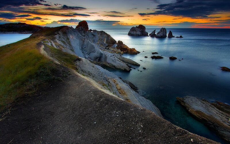 Coastal Cliffs at Sunset — Orange, Dramatic, Photograph, Sea