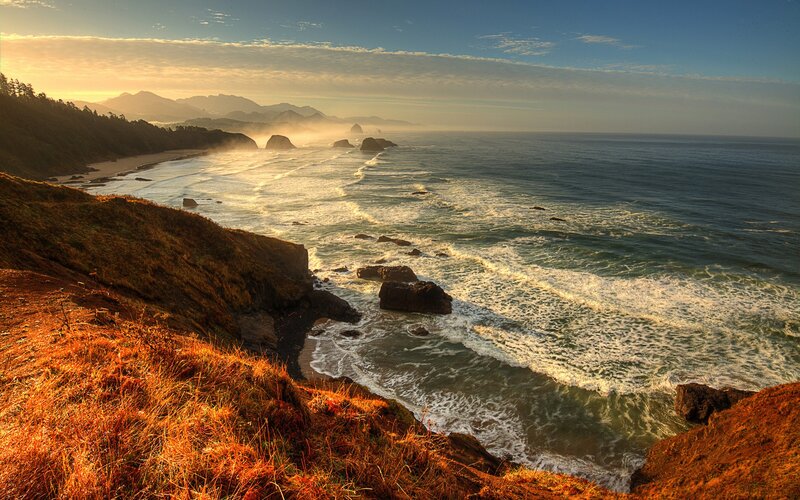 Coastal Cliffs at Sunset — Orange, Serene, Photograph, Ocean, Rocks