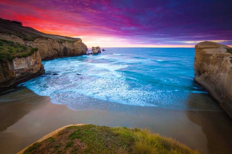 Coastal Cliffs at Sunset — Purple, Dramatic, Photograph
