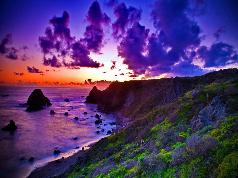 Coastal Cliffs at Sunset — Purple, Dramatic