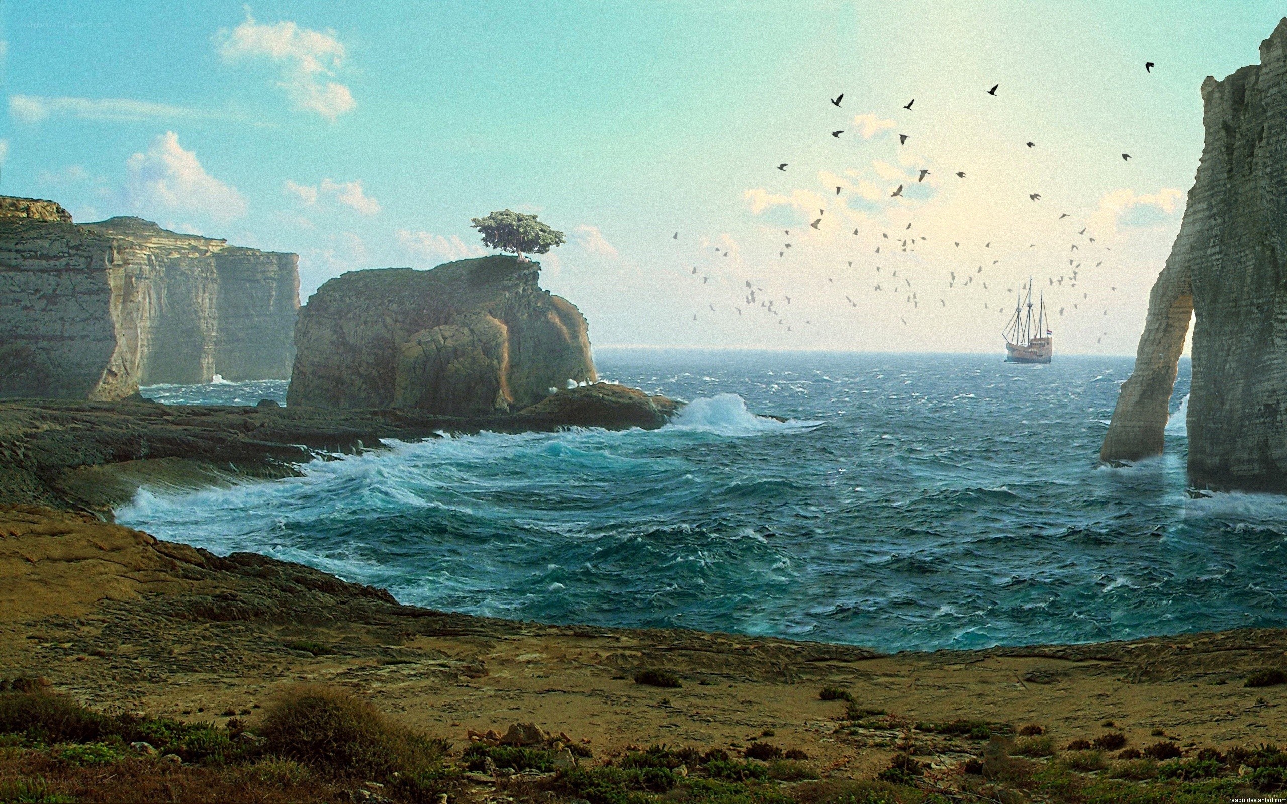coastal cliffs with ship at sea