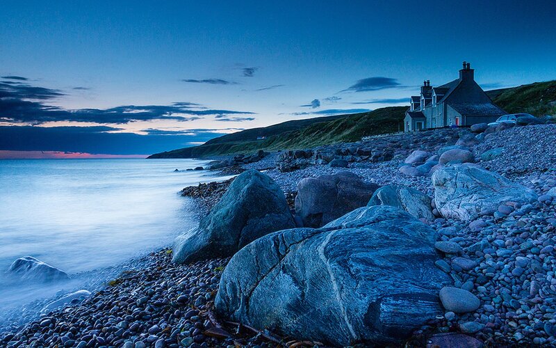 Coastal Cottage at Dusk — Blue