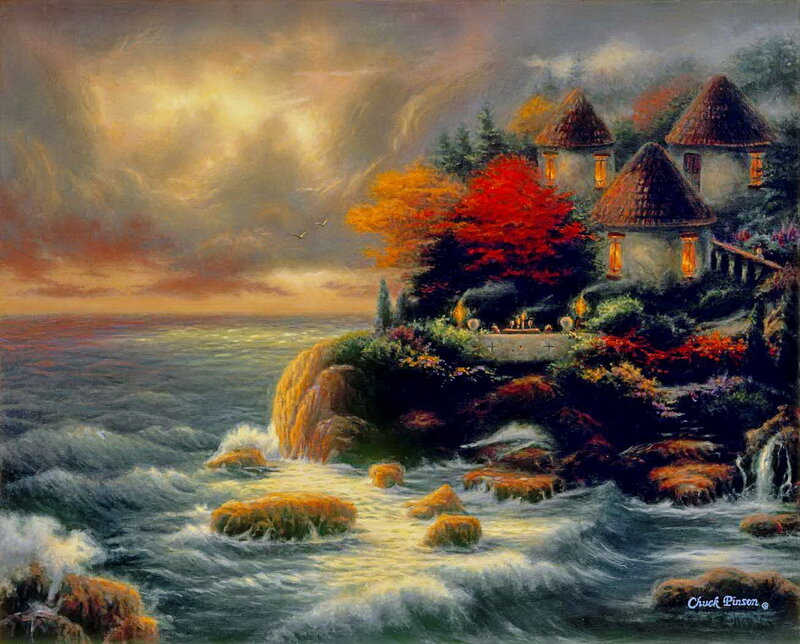 Coastal Cottage at Sunset — Orange, Dramatic
