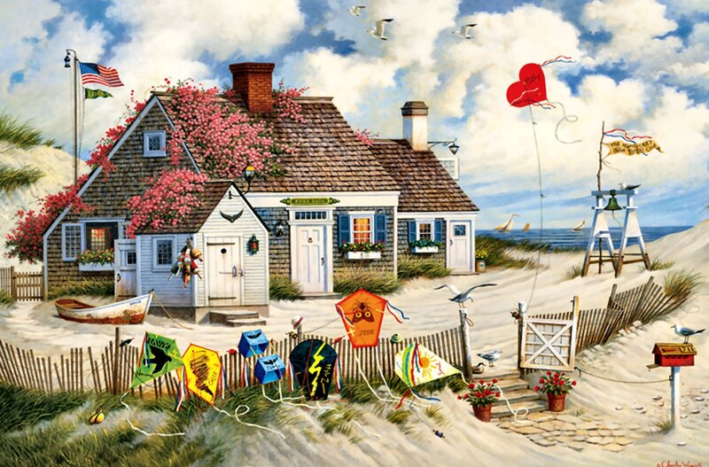 Coastal Cottage with Kites — Blue, Serene