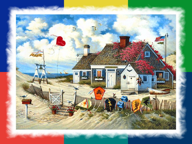 Coastal Cottage with Kites — Blue