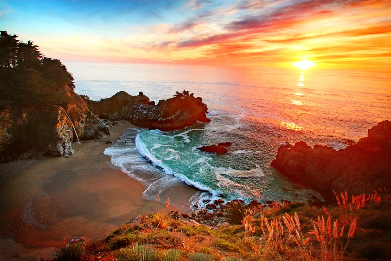 Coastal Cove at Sunset — Orange, Dramatic, Photograph, Ocean, Cliffs, Beach