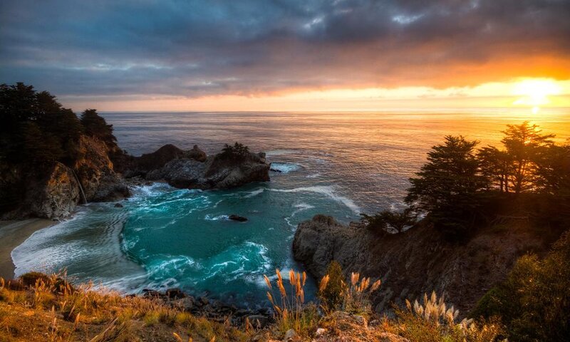 Coastal Cove at Sunset — Orange, Dramatic, Photograph, Ocean, Cliffs
