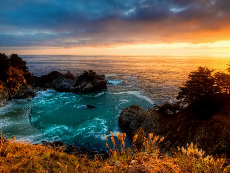 Coastal Cove at Sunset — Orange, Dramatic, Photograph, Ocean, Cliffs, Trees