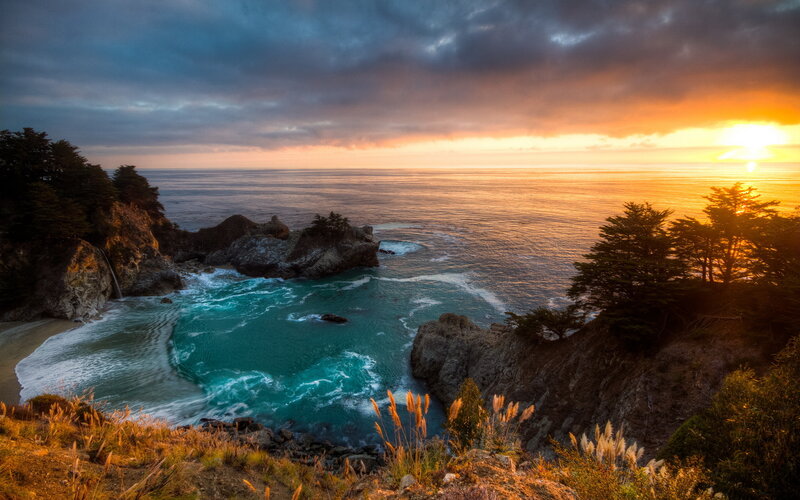 Coastal Cove at Sunset — Orange, Dramatic, Photograph, Ocean, Rocks