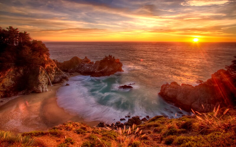 Coastal Cove at Sunset — Orange, Dramatic, Photograph, Ocean