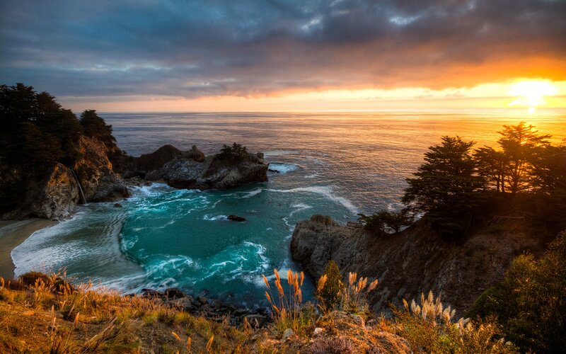 Coastal Cove at Sunset — Orange, Dramatic, Photograph