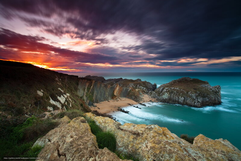 Coastal Cove at Sunset — Purple, Dramatic, Photograph, Cliffs