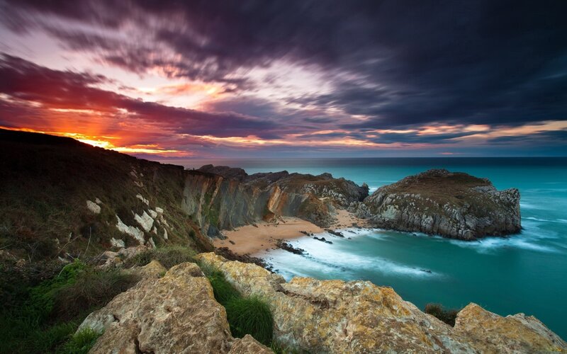 Coastal Cove at Sunset — Purple, Dramatic, Photograph