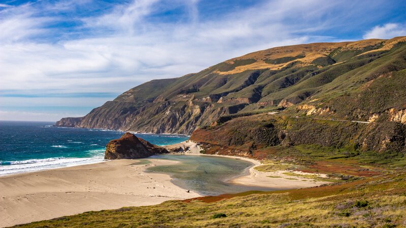 Coastal Cove with Beach — Blue, Serene, Afternoon, Photograph, Ocean, Cliffs