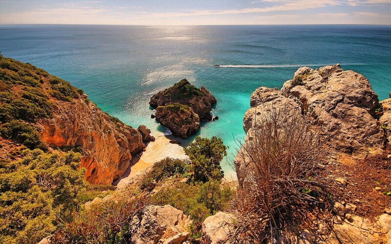 Coastal Cove with Rocks — Blue, Serene, Afternoon, Photograph
