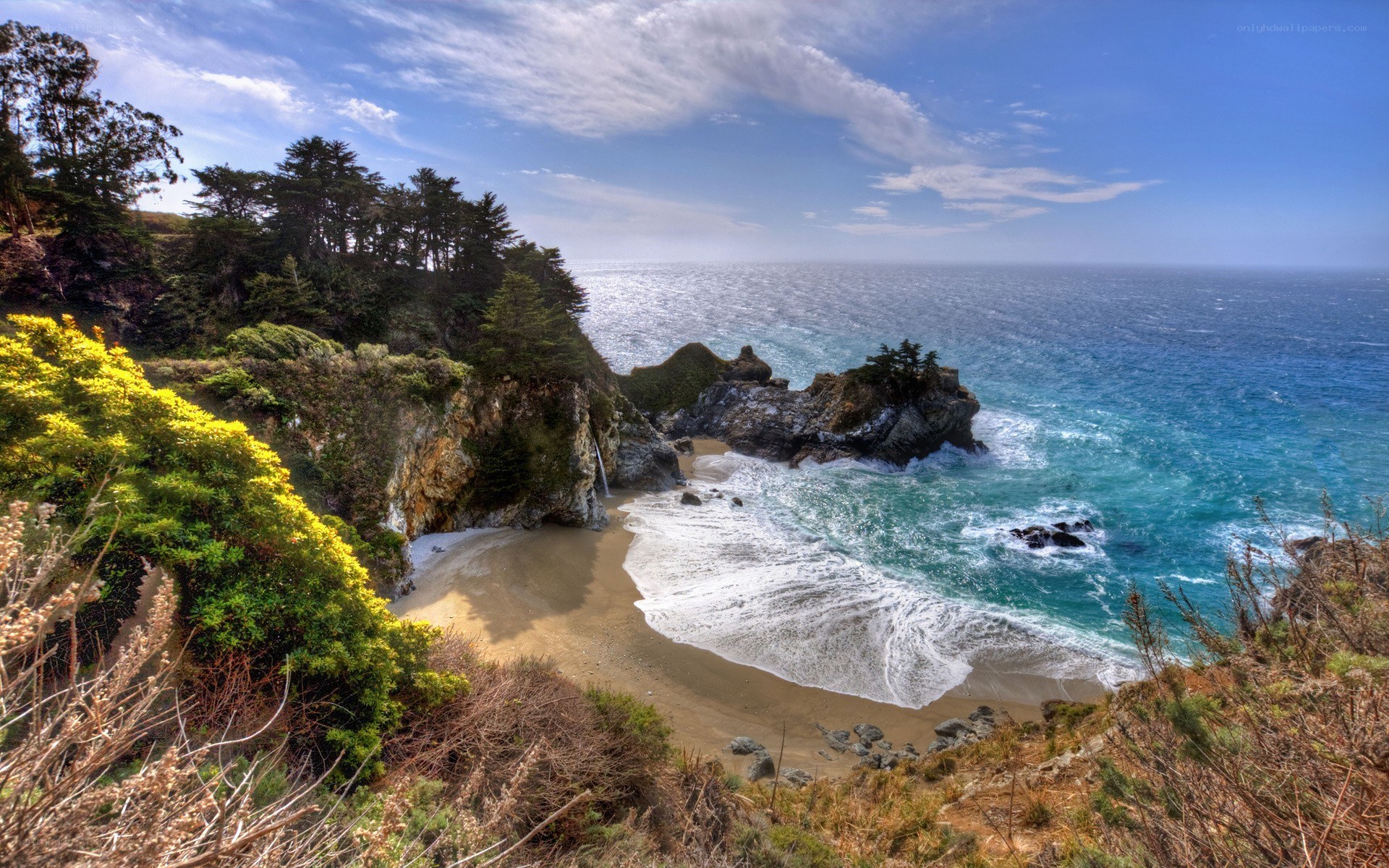 coastal cove with waterfall