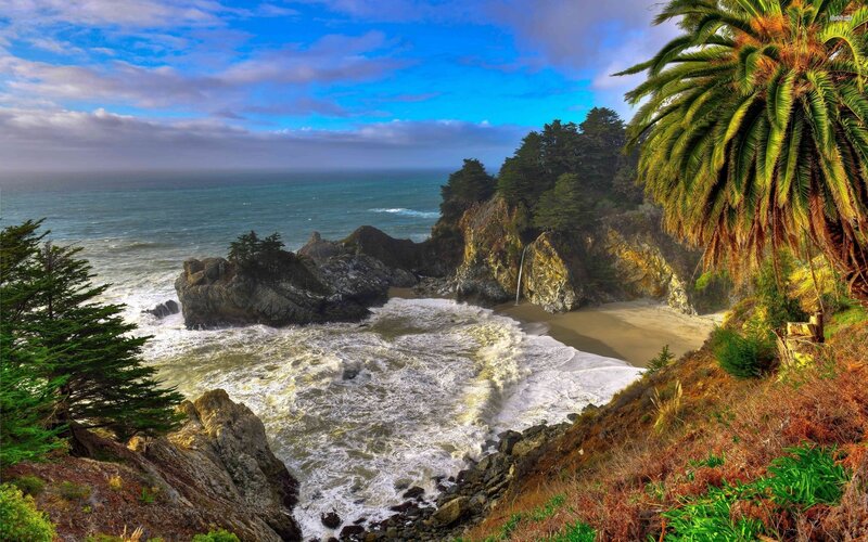 Coastal Cove with Waterfall — Blue, Dramatic, Afternoon