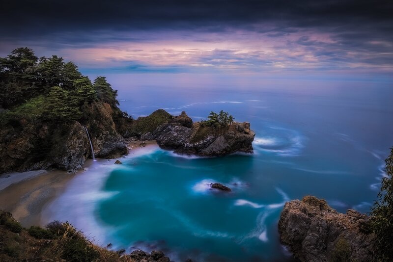 Coastal Cove with Waterfall — Blue, Dramatic, Sunset