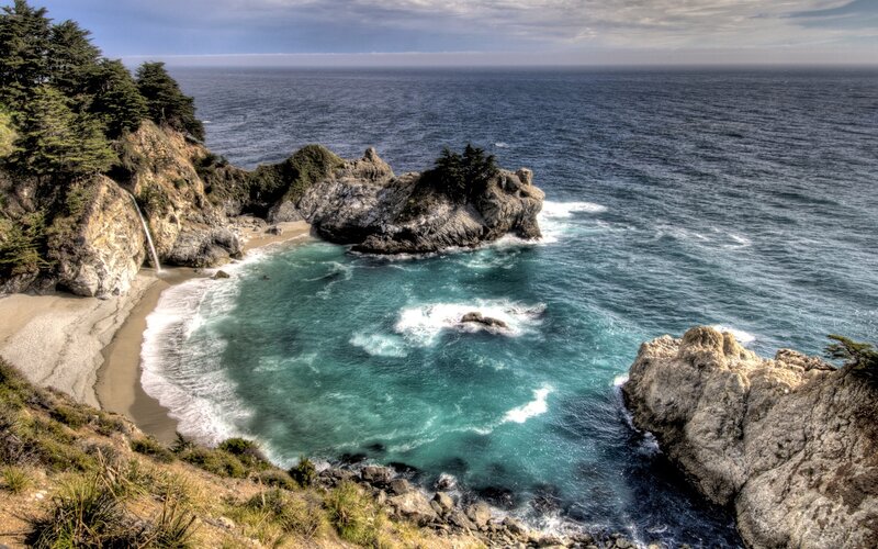 Coastal Cove with Waterfall — Blue, Dramatic