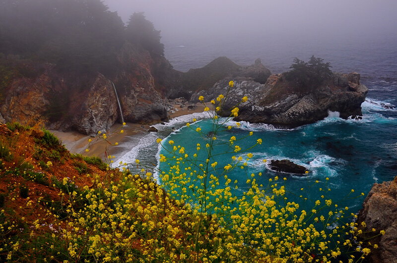 Coastal Cove with Waterfall — Blue, Misty