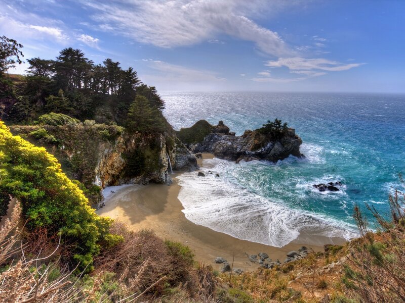 Coastal Cove with Waterfall — Blue, Serene, Afternoon, Photograph, Trees