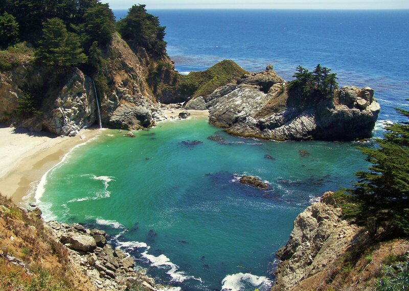 Coastal Cove with Waterfall — Blue, Serene, Afternoon