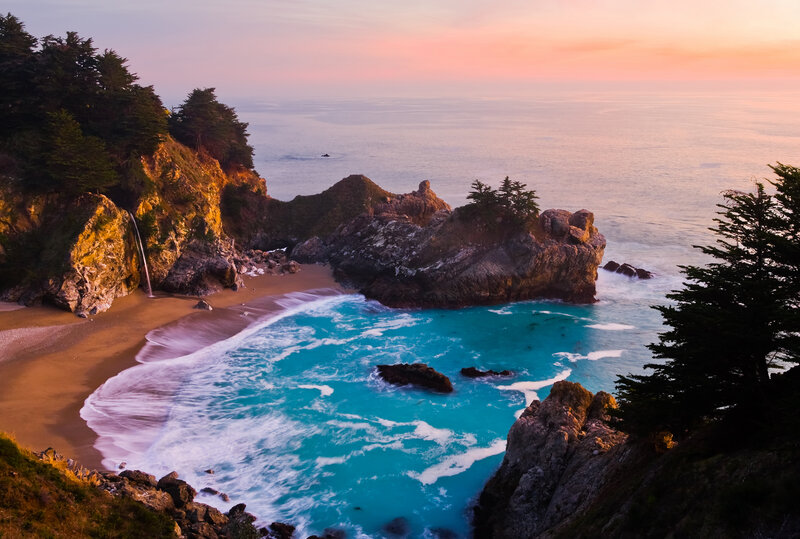 Coastal Cove with Waterfall — Blue, Serene, Sunset