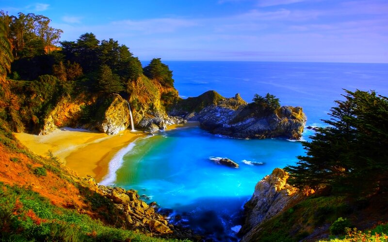 Coastal Cove with Waterfall — Blue, Serene