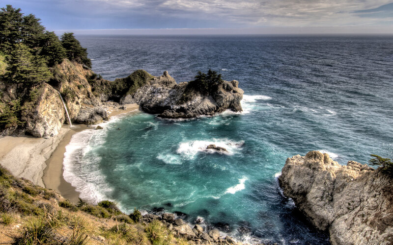 Coastal Cove with Waterfall — Blue