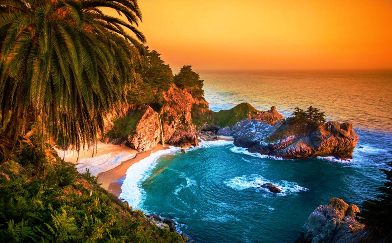 Coastal Cove with Waterfall — Orange