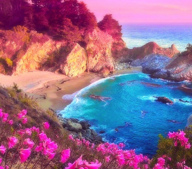 Coastal Cove with Waterfall — Pink