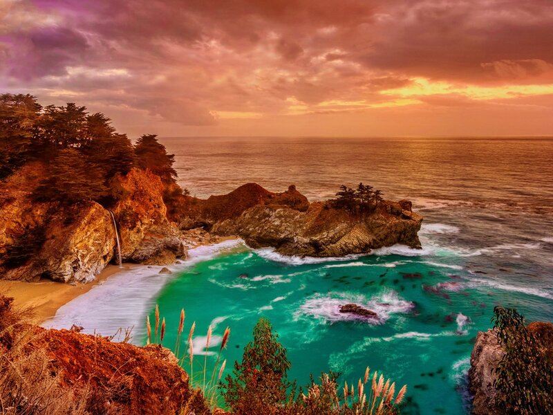 Coastal Cove with Waterfall — Teal