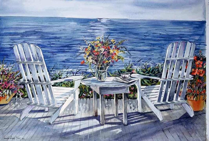 Coastal deck with Adirondack chairs