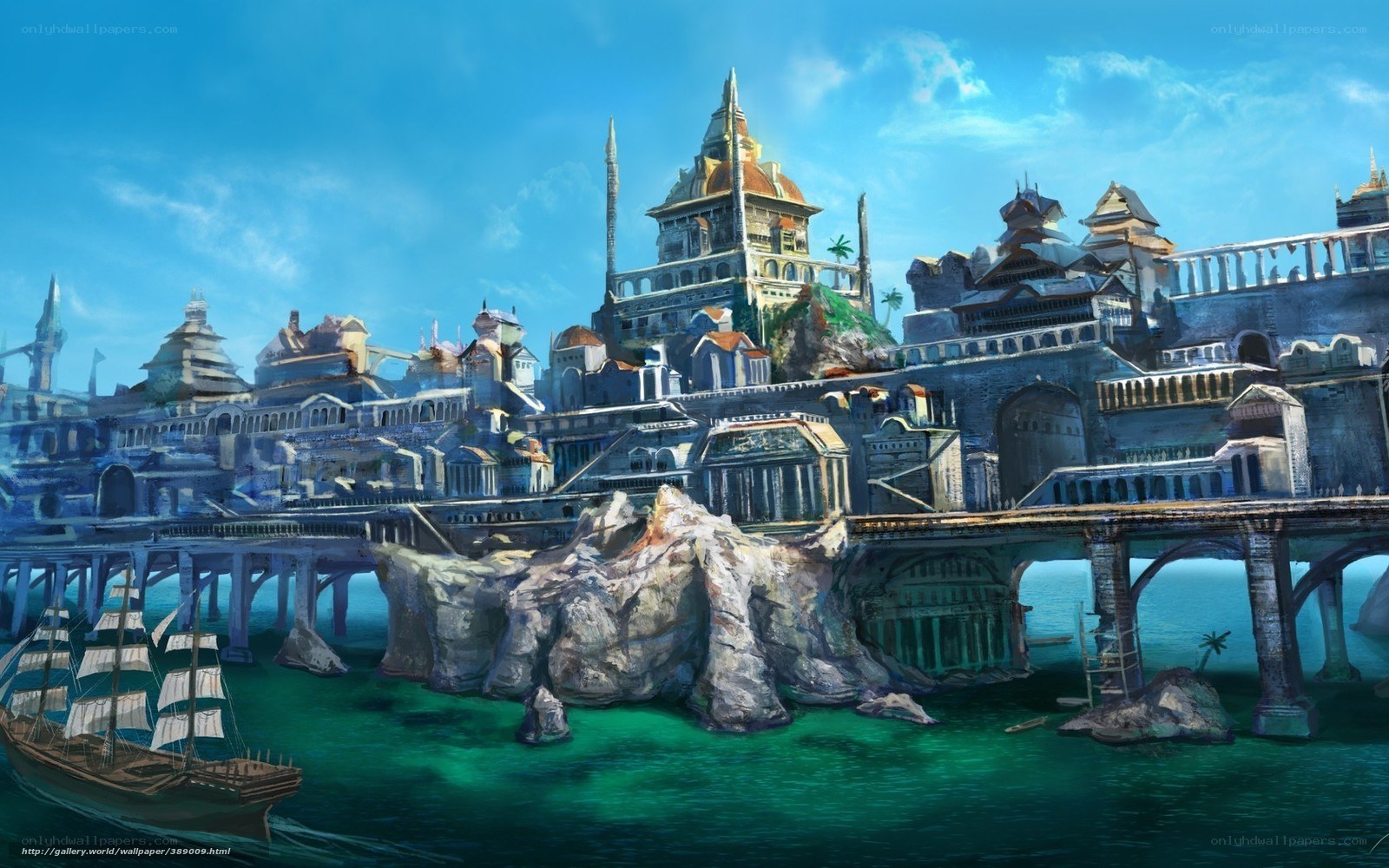 coastal fantasy cityscape