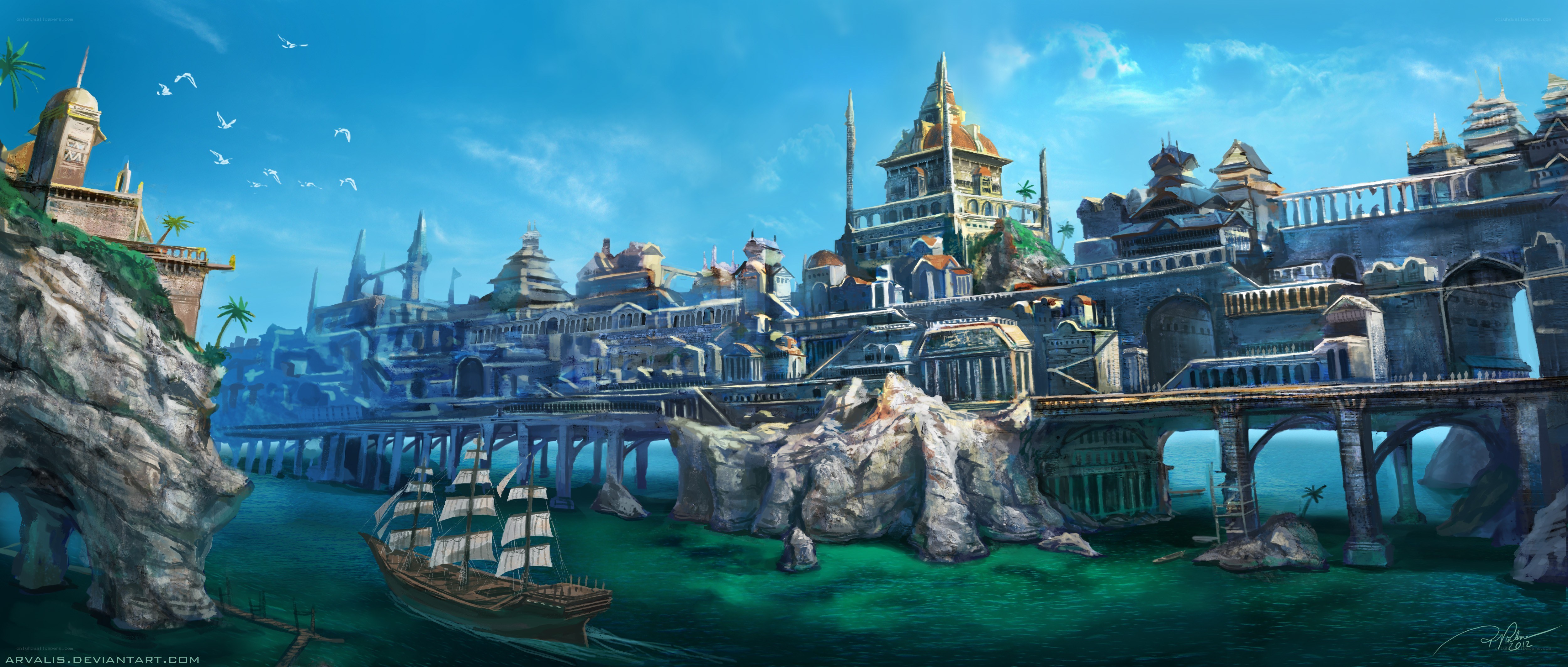 coastal fantasy cityscape