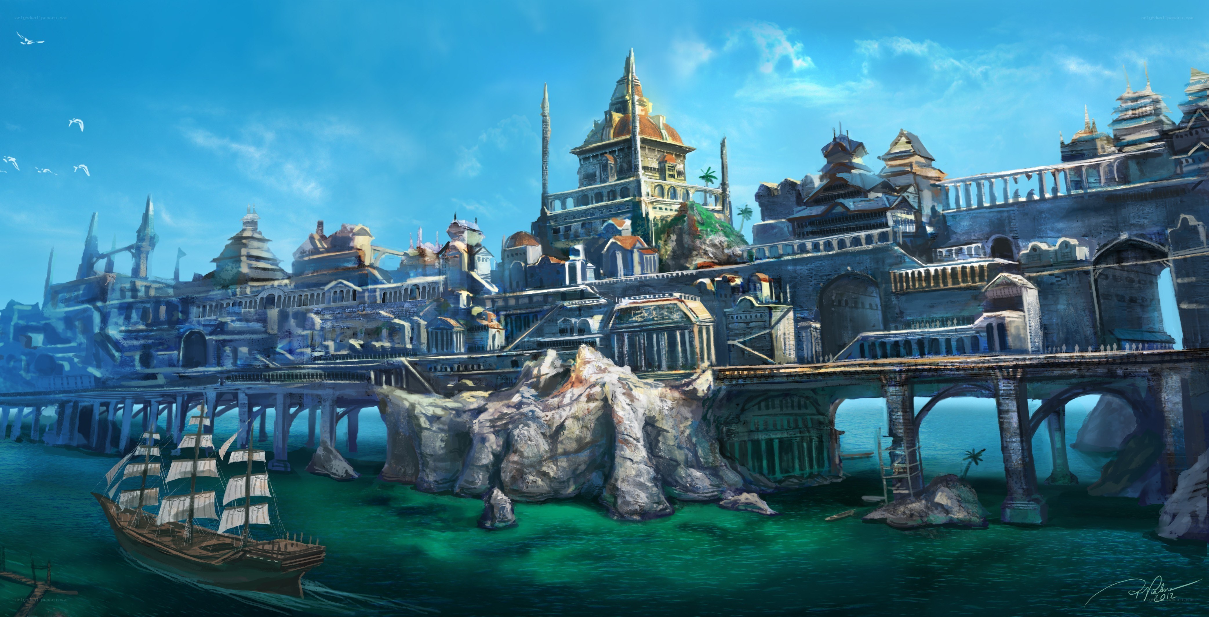 coastal fantasy cityscape