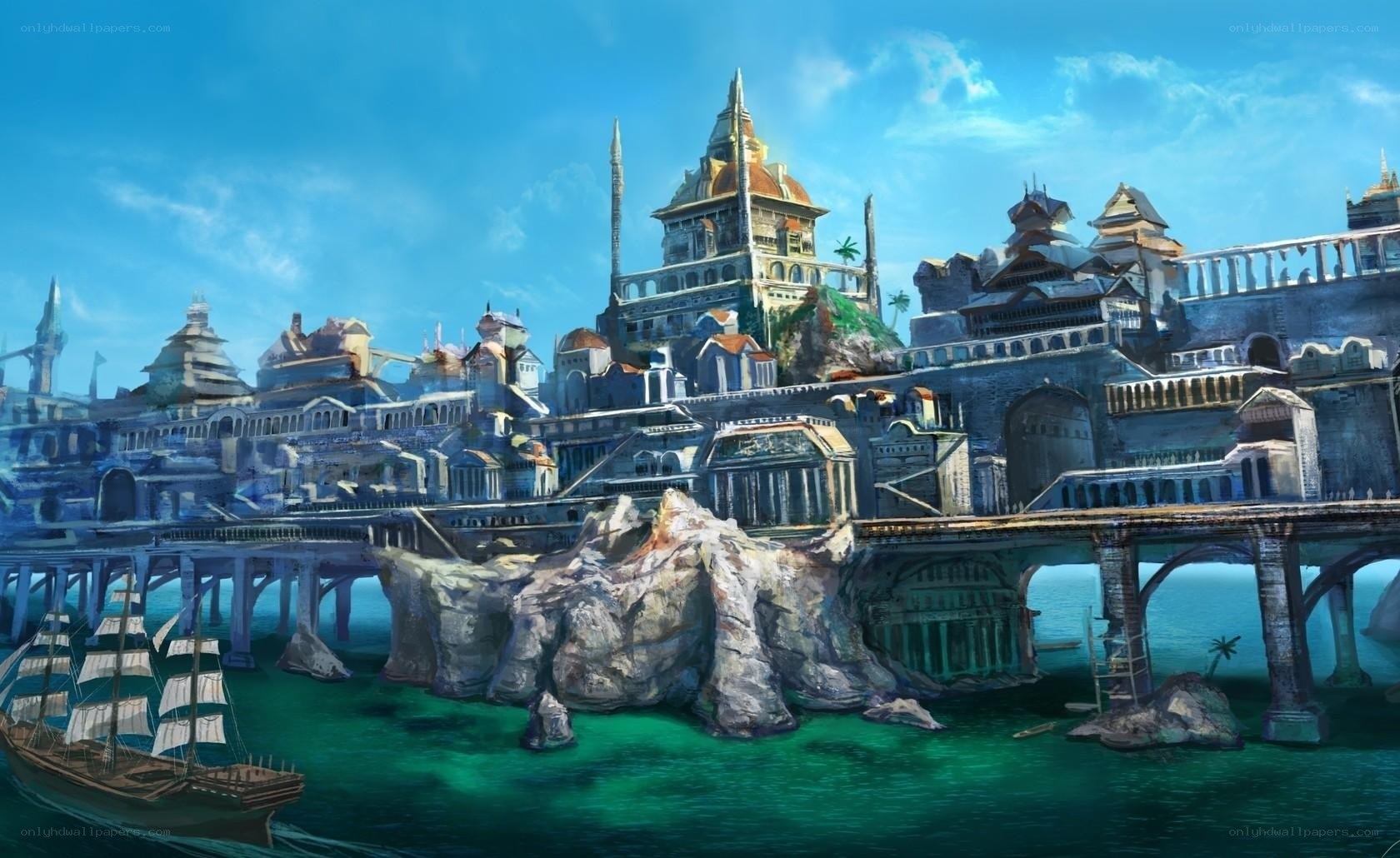 coastal fantasy cityscape