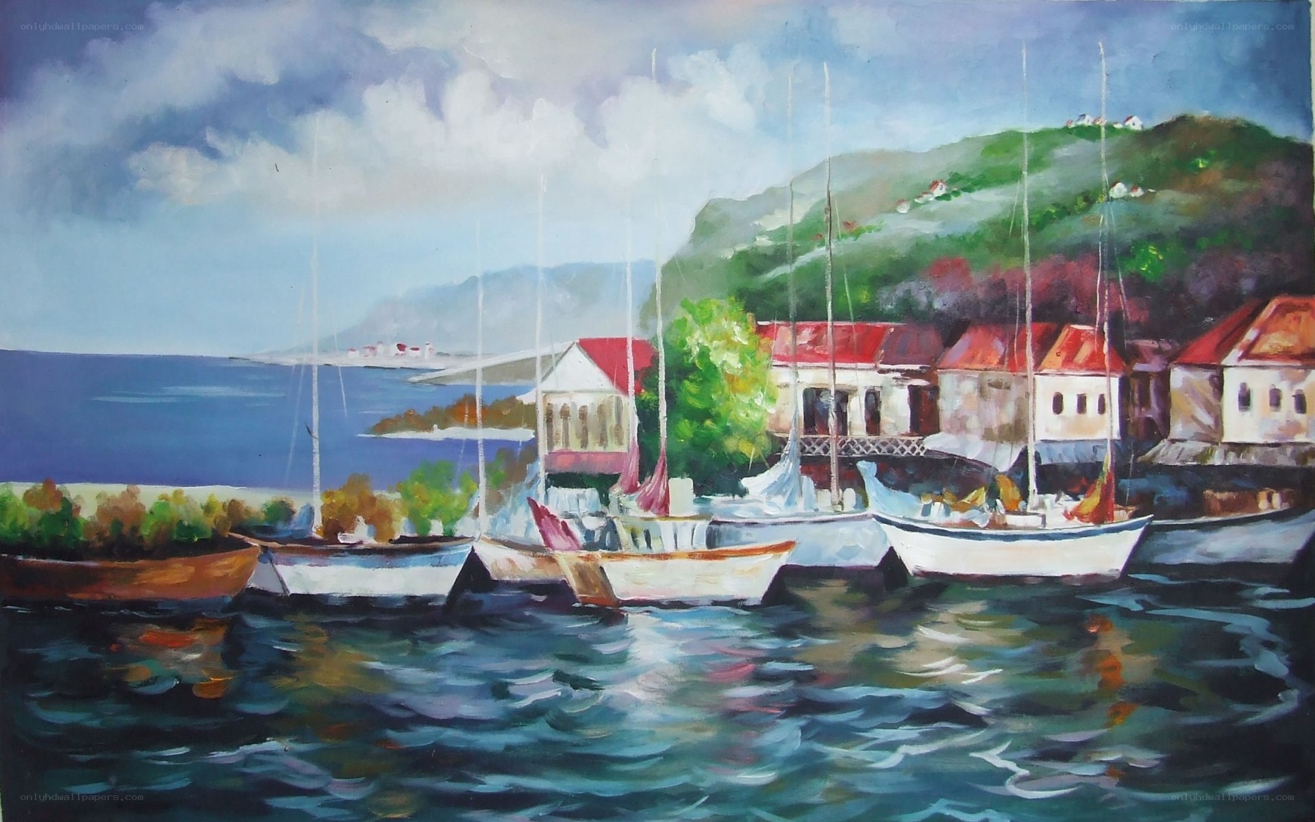 Coastal harbor with boats
