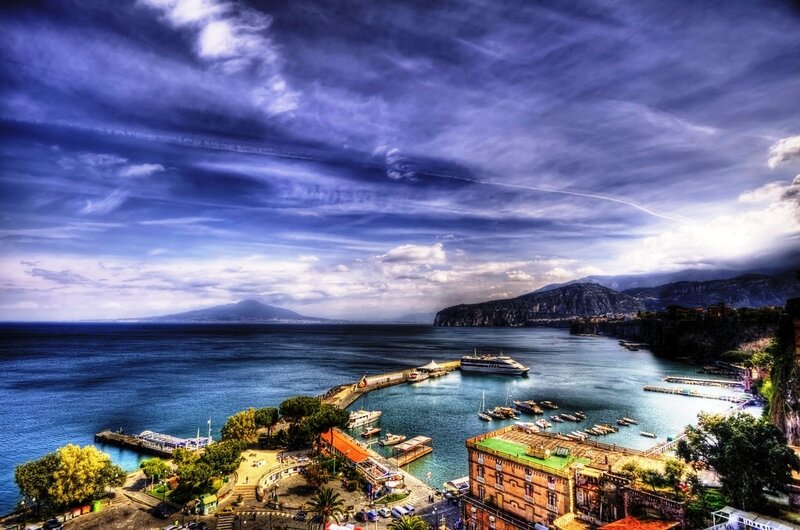 Coastal Harbor with Volcano
