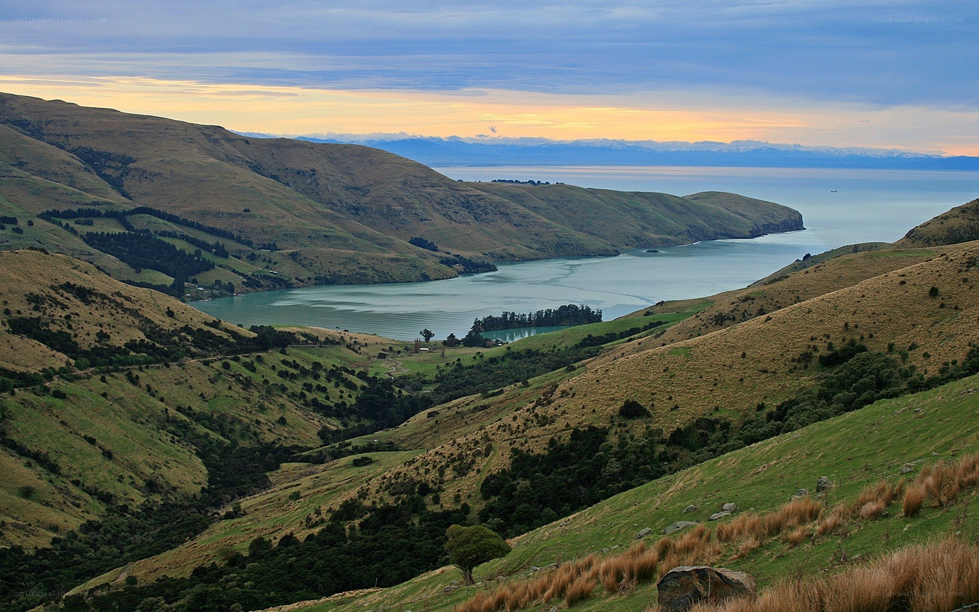 coastal hills at sunset