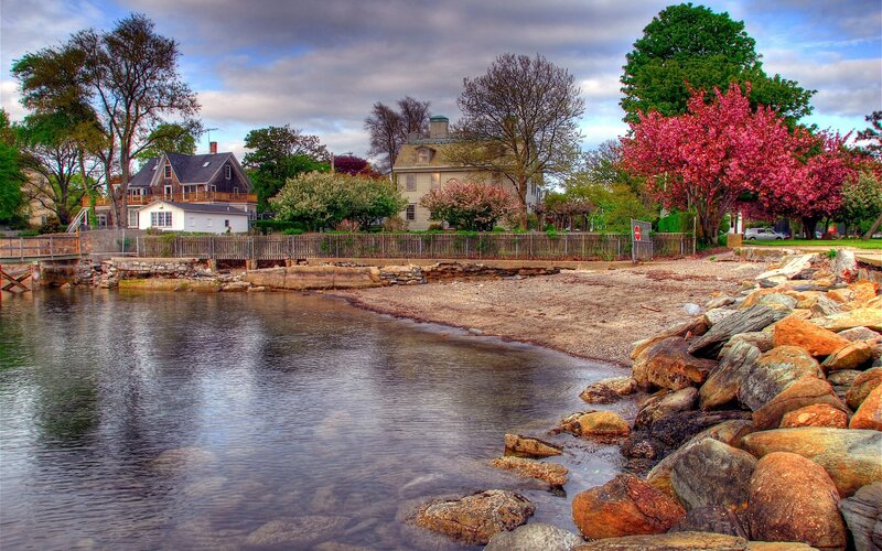 Coastal homes with blooming trees